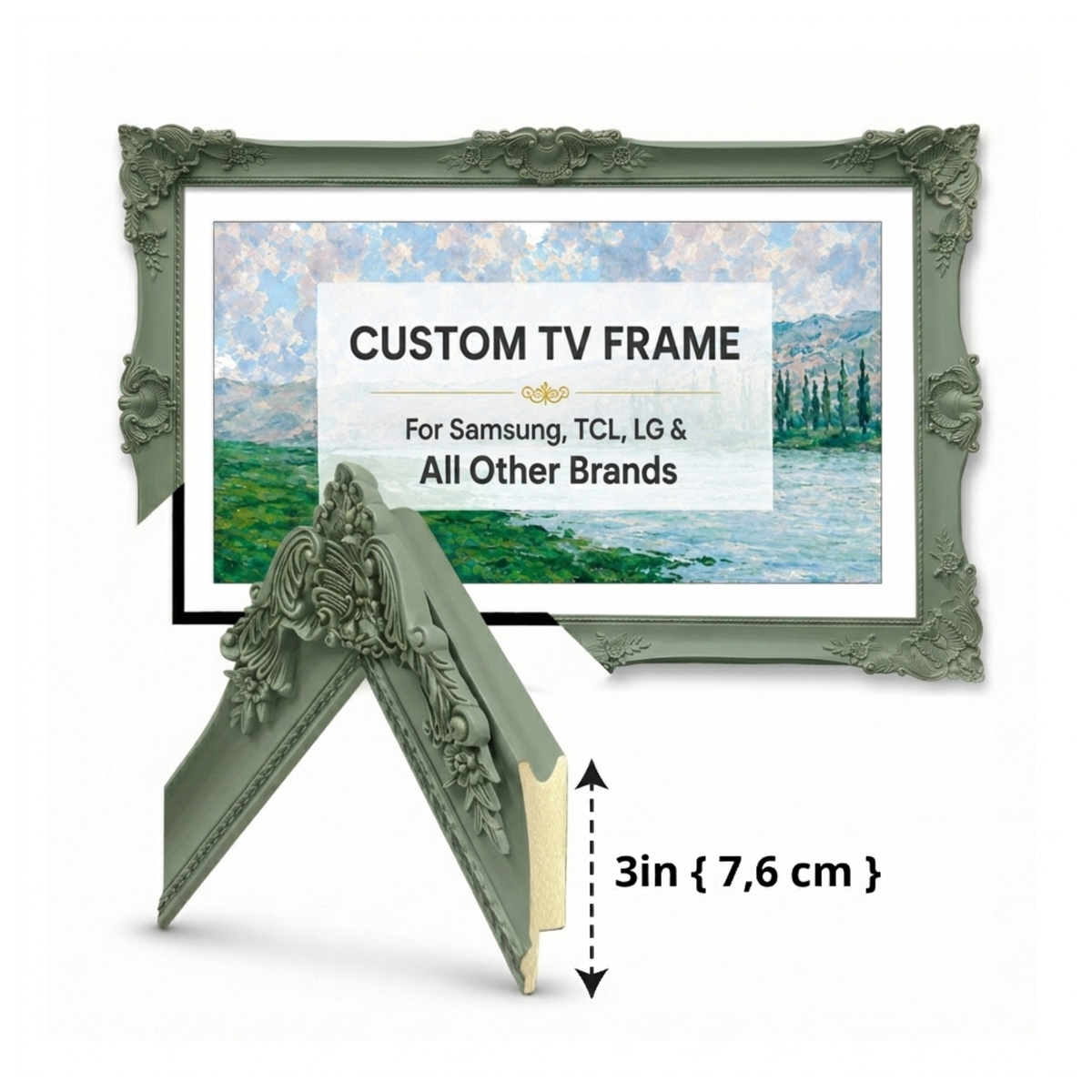 Matte Sage Green Ornate TV Frame