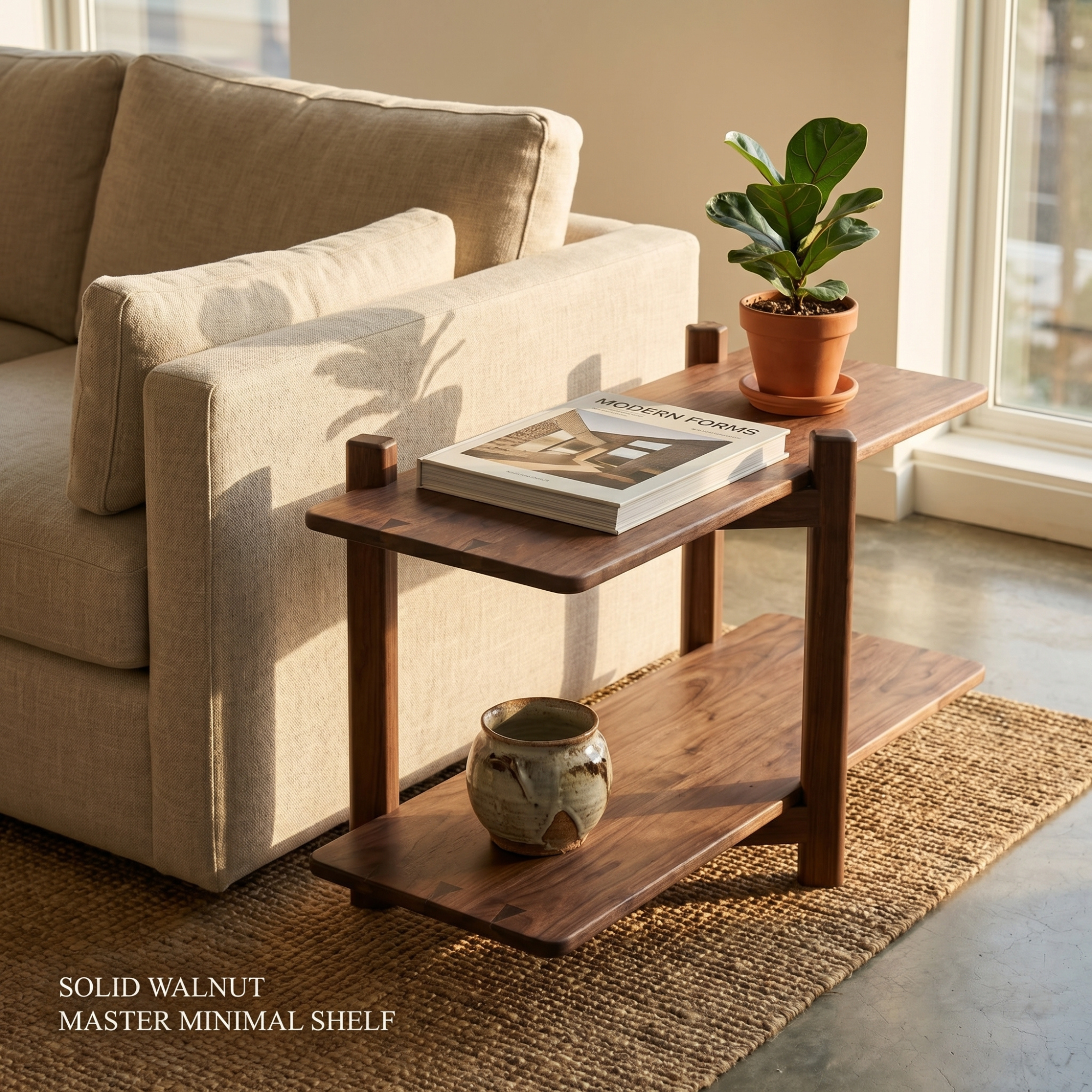 Solid Wood Mini Shelf, Mid Century Modern Side Table, Walnut Finish Display Stand DL1015NZ