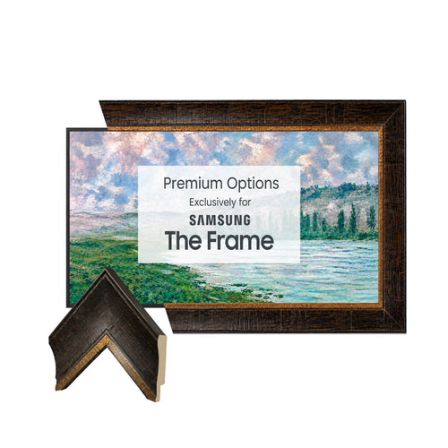 Baroque Style TV Frame, Antique Gold Prestige Bezel, Dark Walnut Finish, European Luxury U7017NV