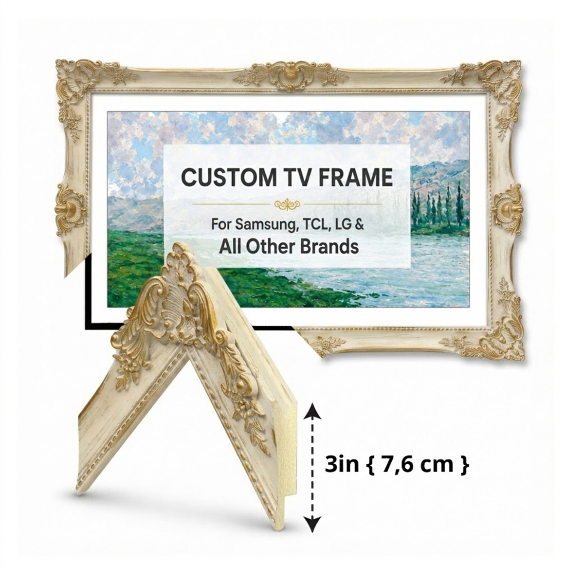Ivory Gold Ornate TV Frame, Baroque TV Frame, Decorative TV Bezel, Custom TV Frame, Elegant Vintage TV Decor