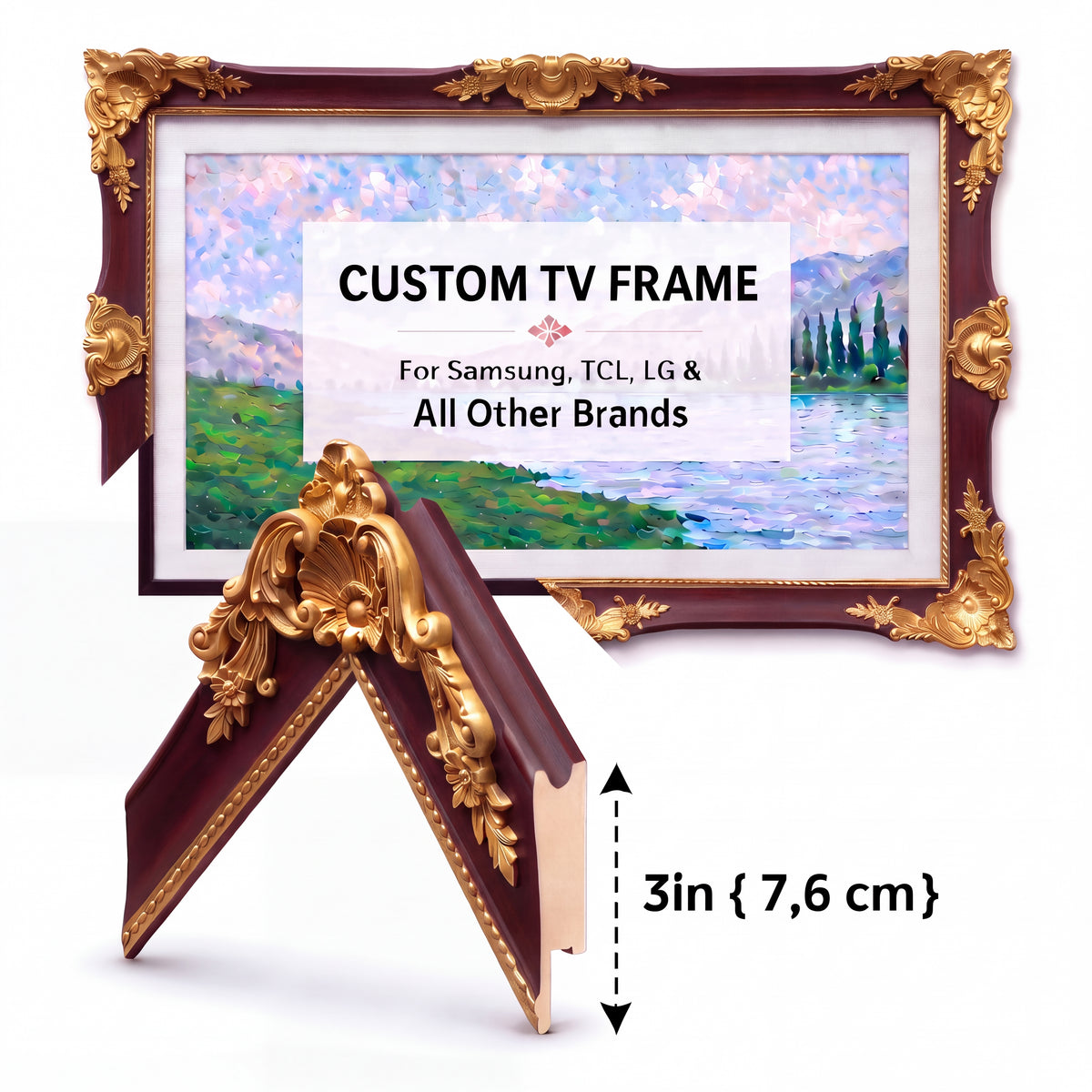 Custom Size Burgundy & Antique Gold TV Frame – Vintage Baroque Art Frame for Smart TVs