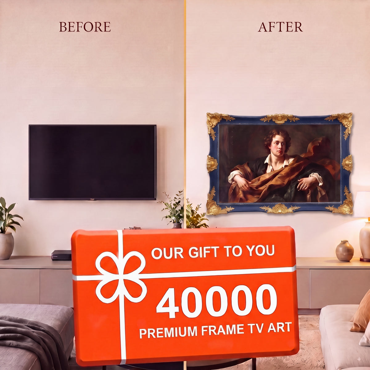 Luxury Baroque TV Frame in Deep Midnight Navy & Antique Gold – Handmade Custom Fit for All TV Brands