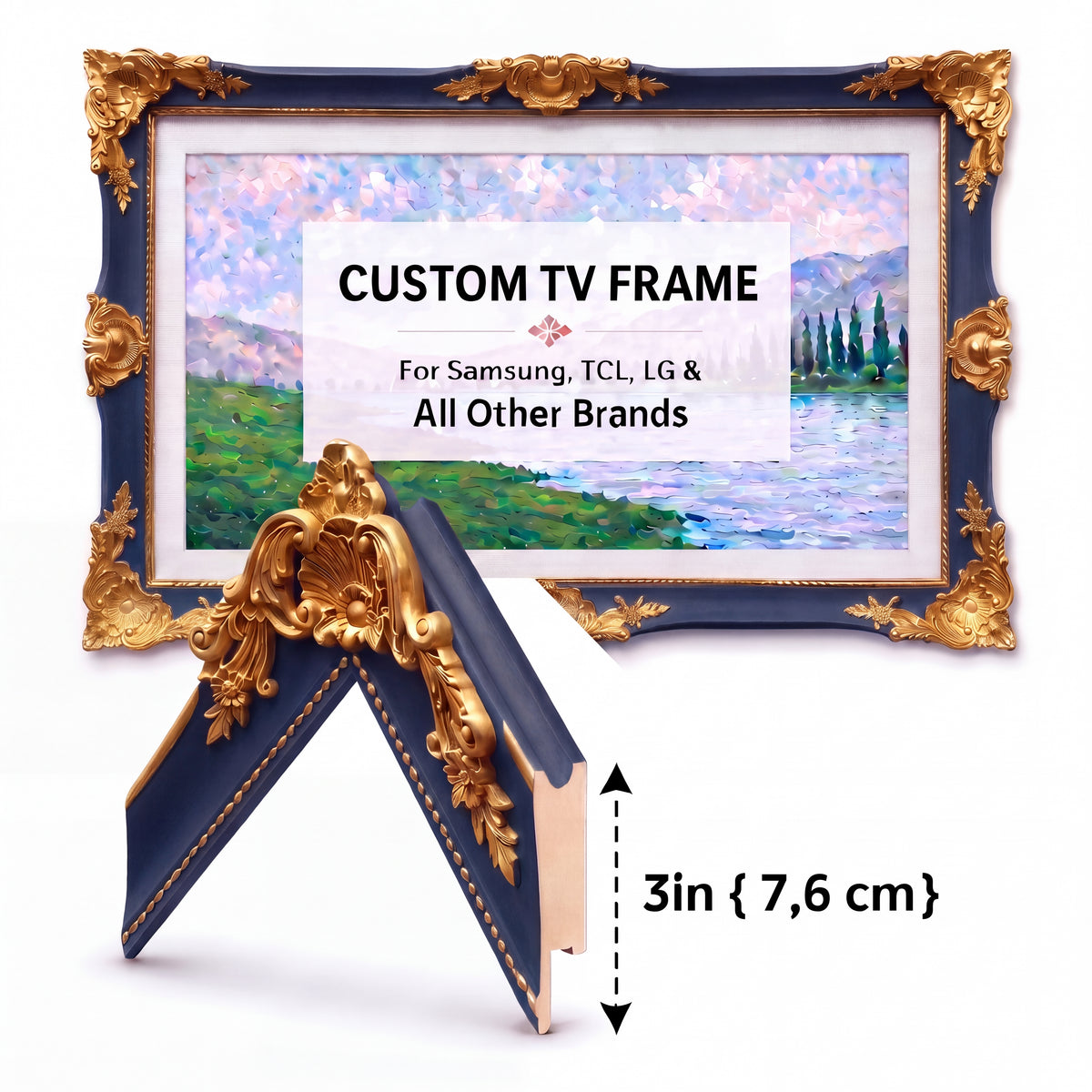 Luxury Baroque TV Frame in Deep Midnight Navy & Antique Gold – Handmade Custom Fit for All TV Brands
