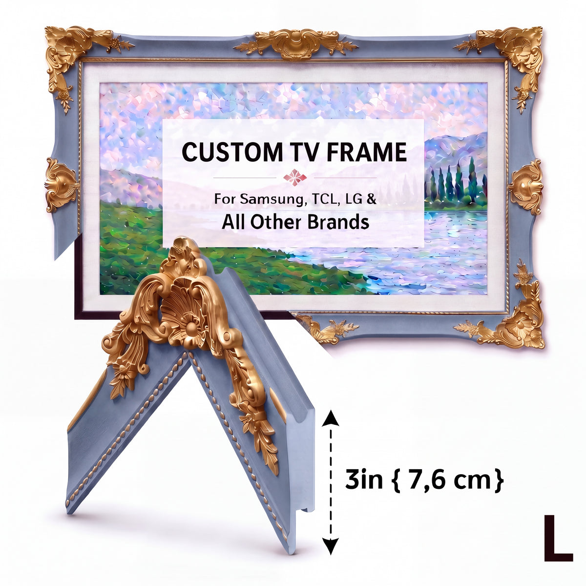 Custom Size Dusty Slate Blue & Antique Gold TV Frame – Vintage Baroque Art Frame for Smart TVs
