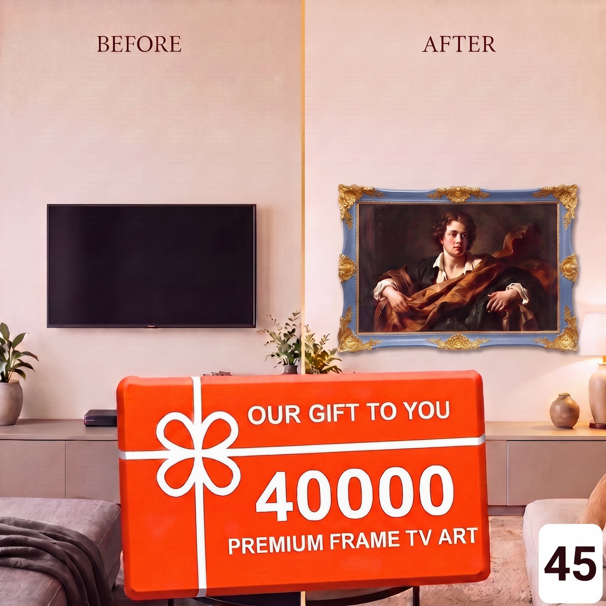 Custom Size Dusty Slate Blue & Antique Gold TV Frame – Vintage Baroque Art Frame for Smart TVs