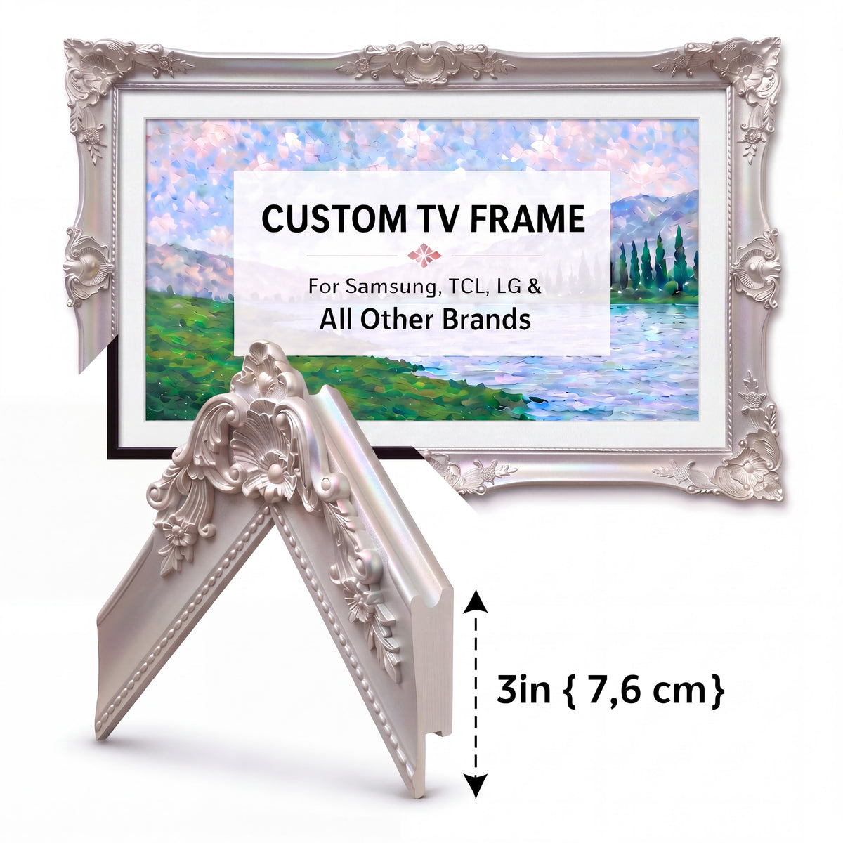 Custom Pearl White TV Frame for Samsung The Frame, LG & TCL - Ornate Antique Style