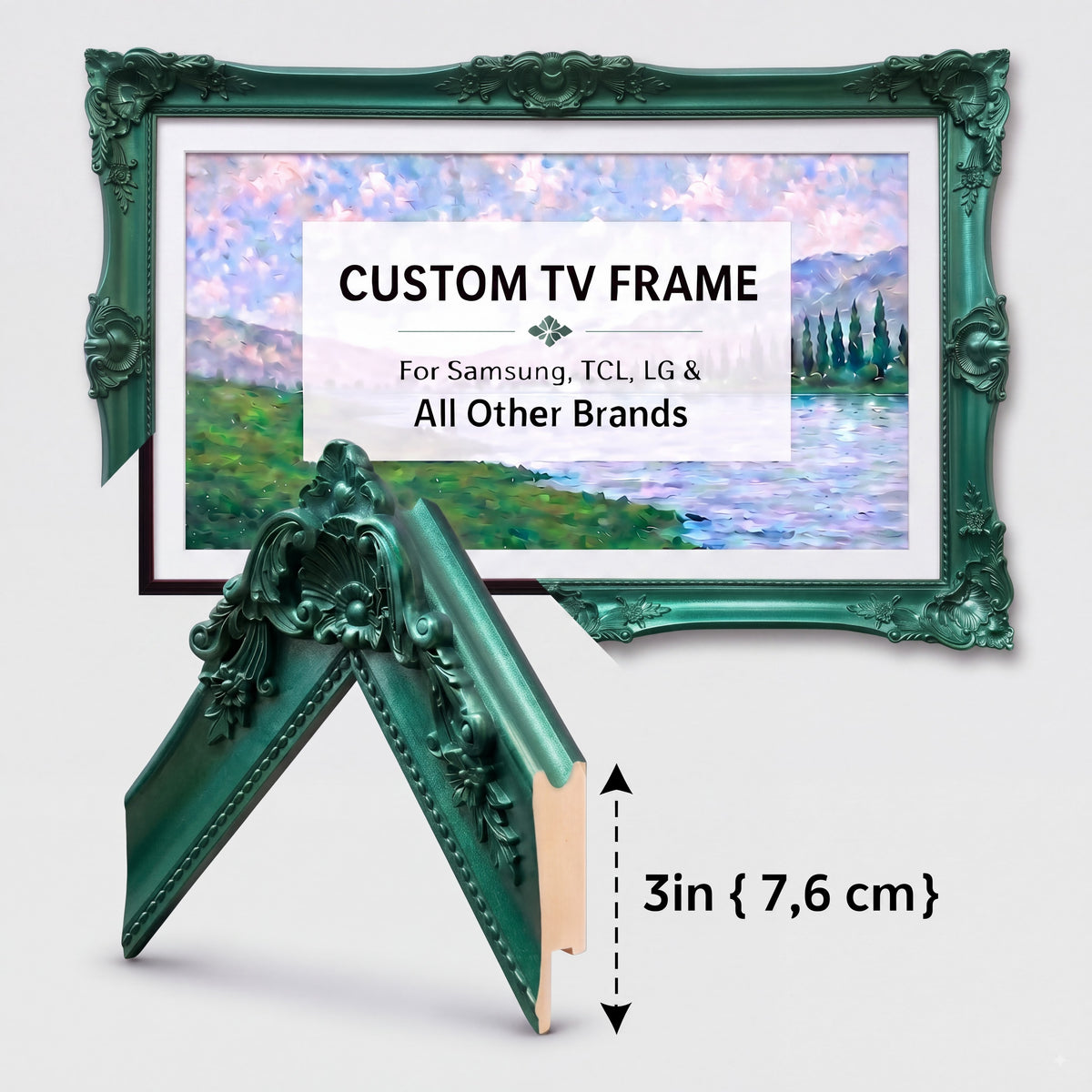 Metallic Emerald Green Ornate TV Frame – Custom Baroque TV Bezel, Luxury Vintage Wall Decor, Fits Samsung LG TCL Sony & All TV Brands