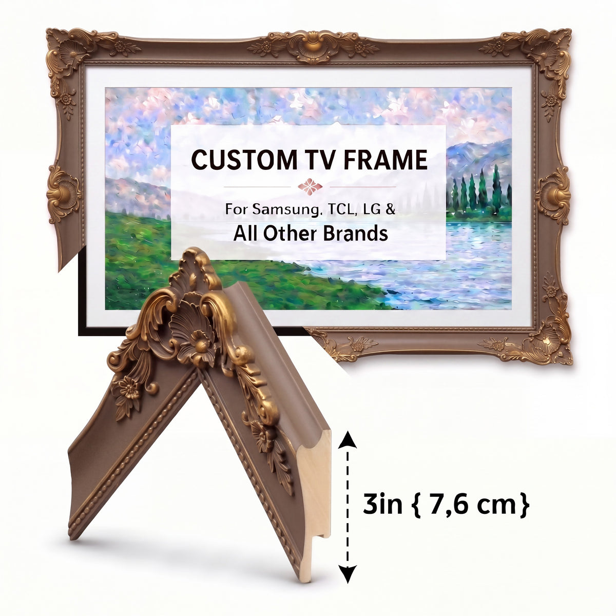 Vintage Taupe TV Frame for Samsung Frame & All TV Brands (LG, TCL, Roku), Luxurious Carved Baroque & French Country Style