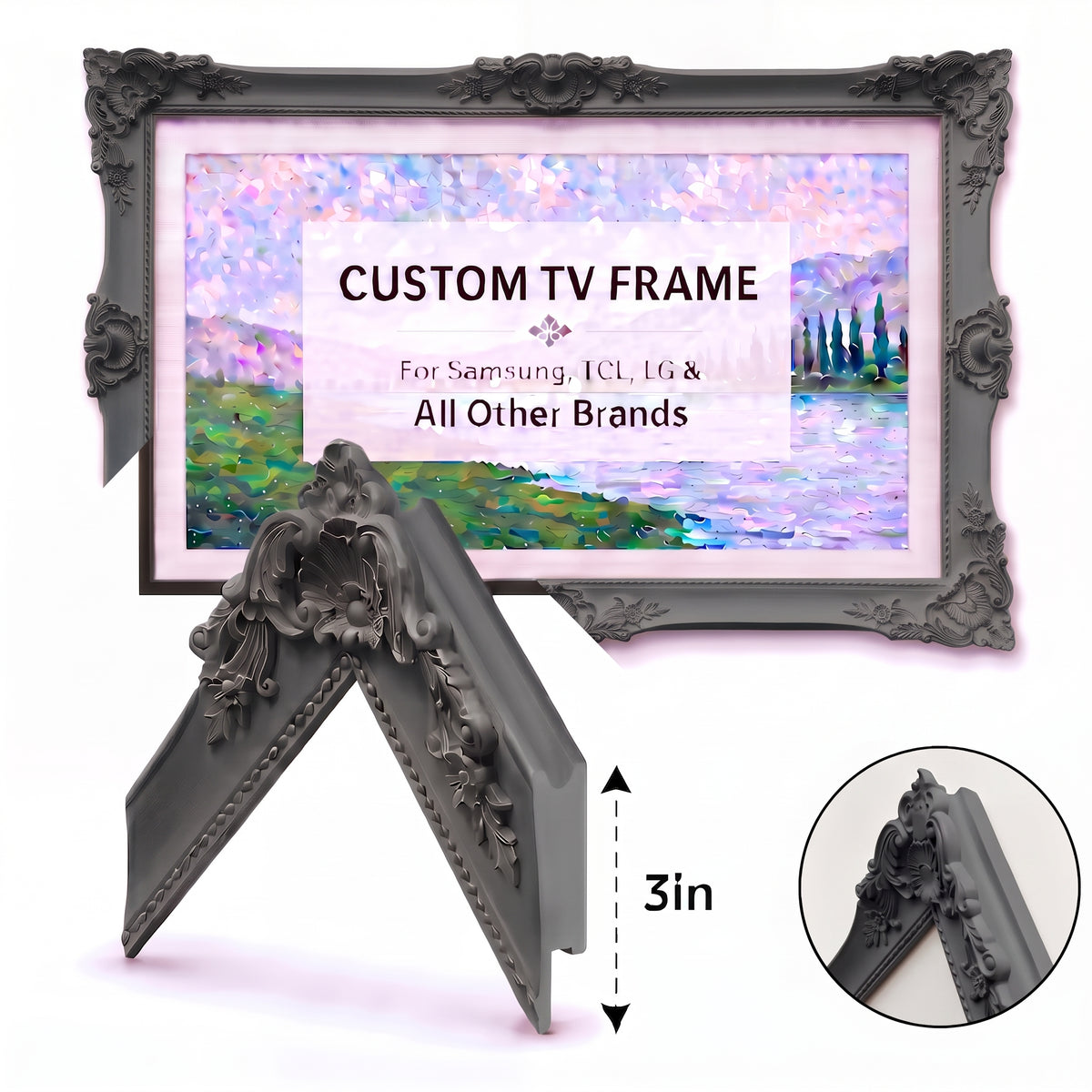 Cement Grey Ornate Frame, Matte Concrete Gray Baroque TV Frame, Vintage Wall Mirror Frame, Antique Charcoal Gray Picture Frame Decor