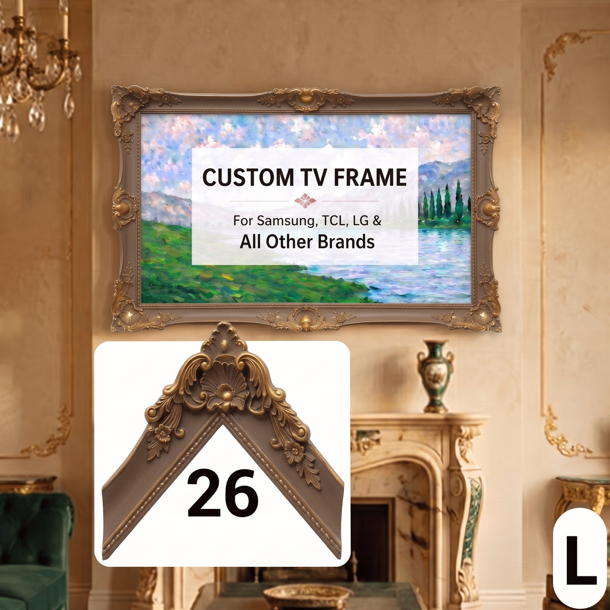 Vintage Taupe TV Frame for Samsung Frame & All TV Brands (LG, TCL, Roku), Luxurious Carved Baroque & French Country Style