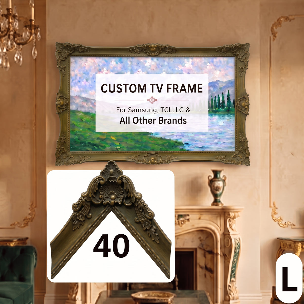 Ochre Olive Ornate TV Frame – Elegant European Baroque Frame with Classic Floral Carved Details