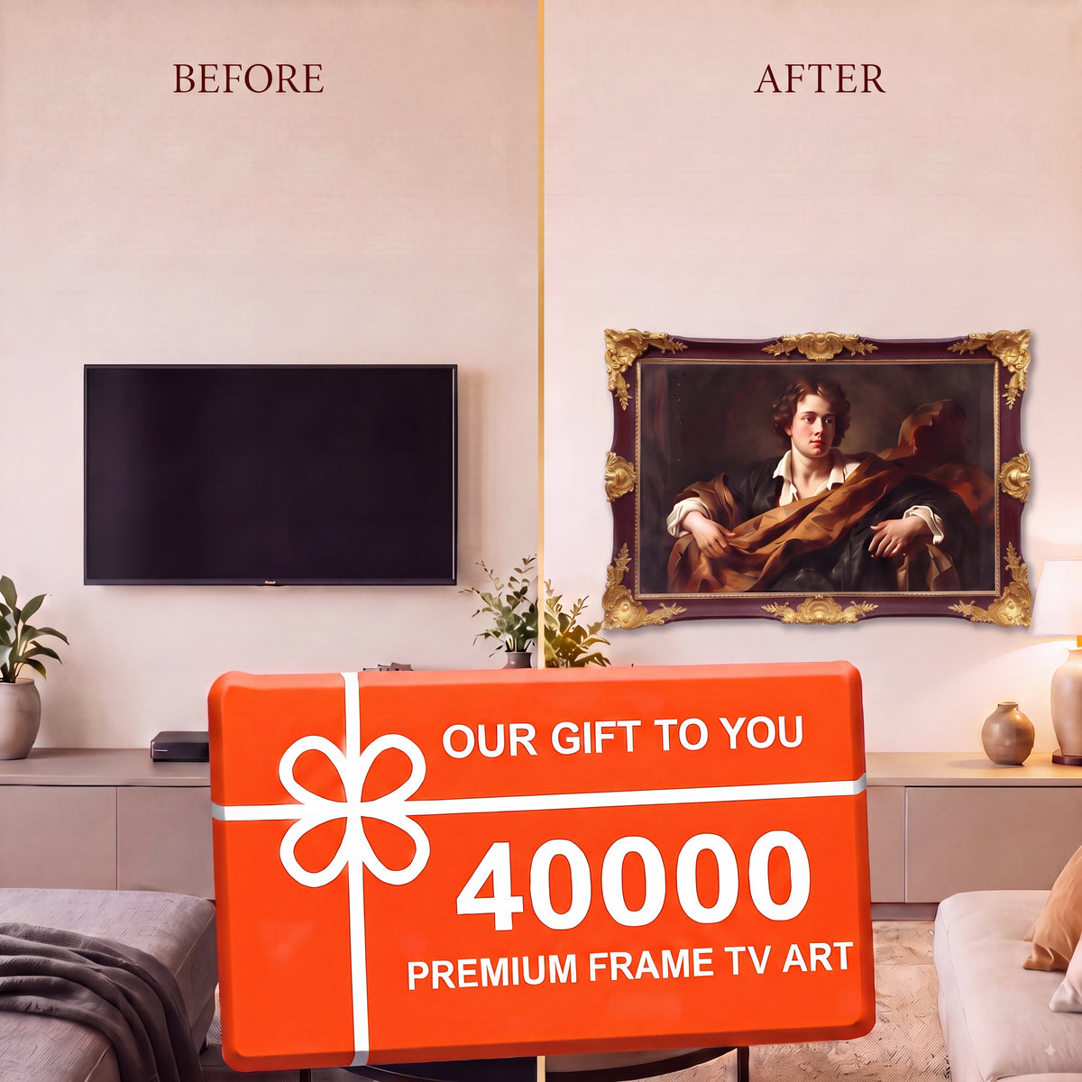 Custom Size Burgundy & Antique Gold TV Frame – Vintage Baroque Art Frame for Smart TVs