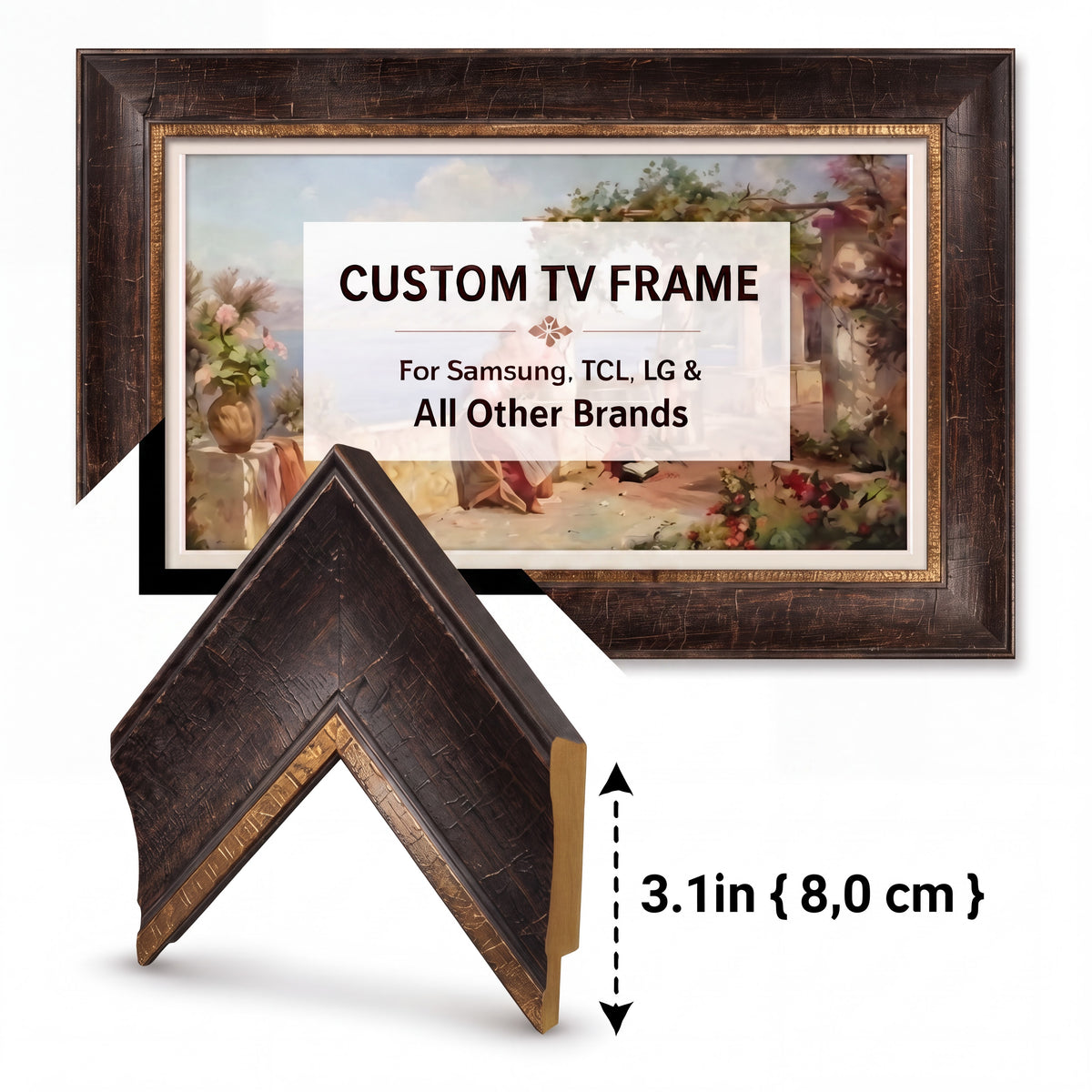 Baroque Style TV Frame, Antique Gold Prestige Bezel, Dark Walnut Finish, European Luxury U7017NV
