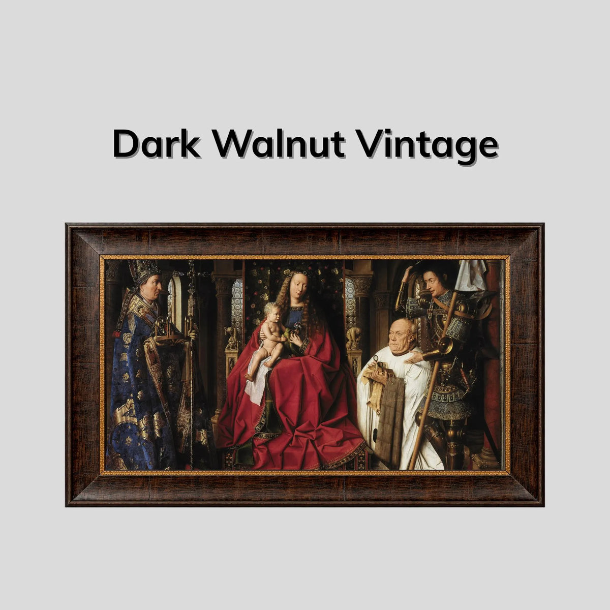 Baroque Style TV Frame, Antique Gold Prestige Bezel, Dark Walnut Finish, European Luxury U7017NV