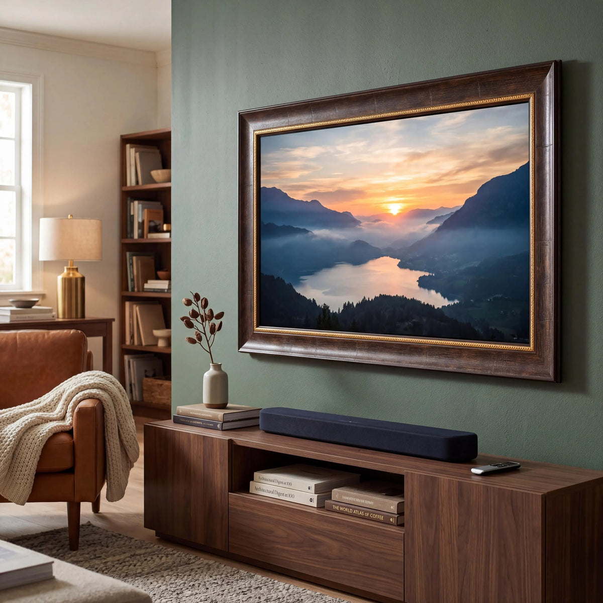Baroque Style TV Frame, Antique Gold Prestige Bezel, Dark Walnut Finish, European Luxury U7017NV