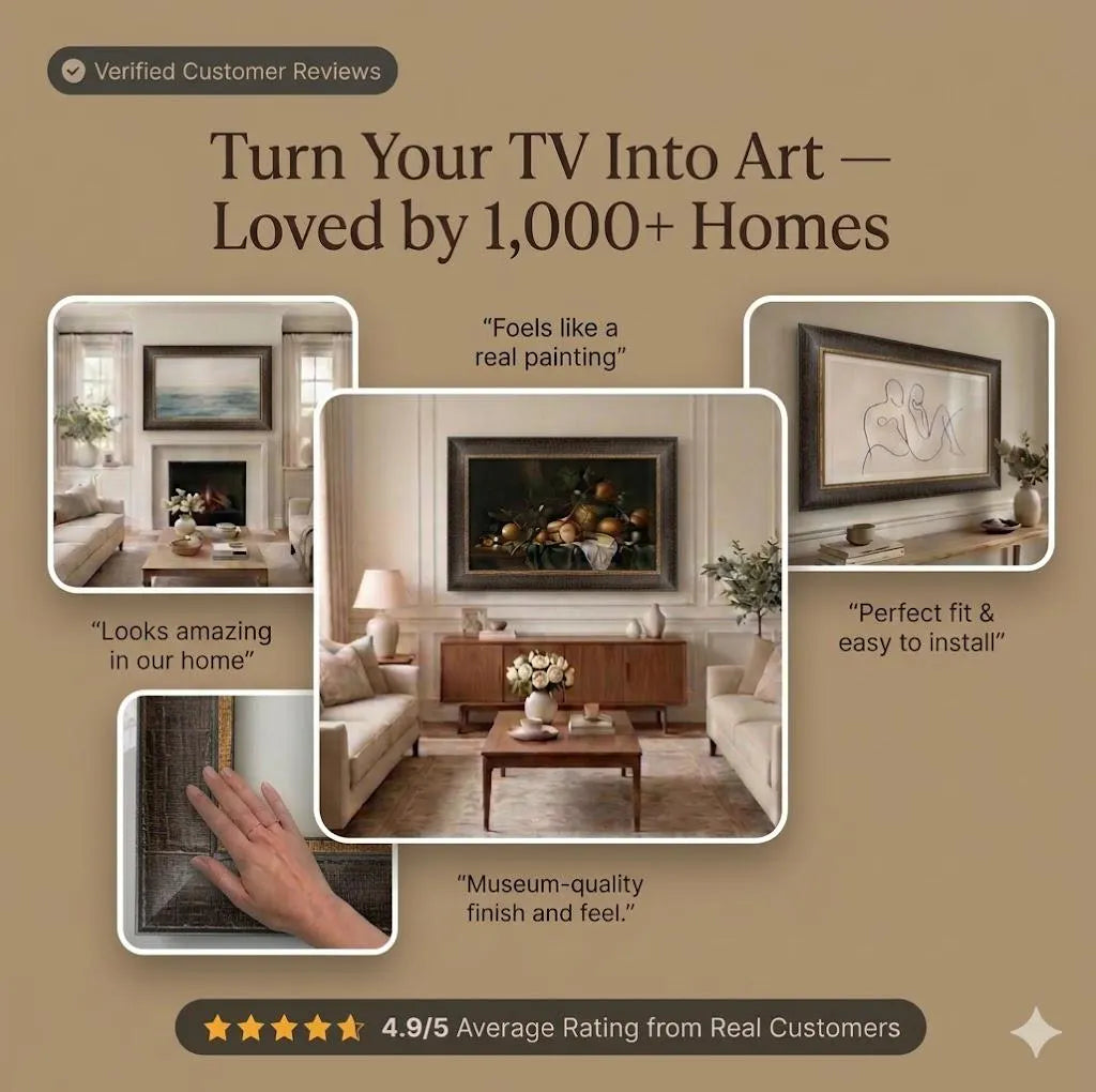 Baroque Style TV Frame, Antique Gold Prestige Bezel, Dark Walnut Finish, European Luxury U7017NV